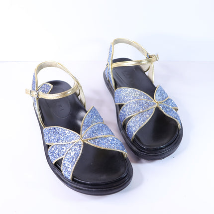 MARNI Flat Glitter Sandals Blue and Gold Butterfly Ankle Strap Women's 38/US 8