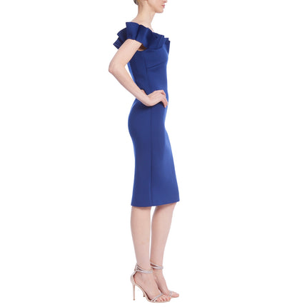 BADGLEY MISCHKA Ruffled Off-Shoulder Sheath Dress Navy Stretch Scuba Women's 4