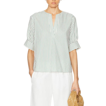 Frame V Neck Popover Blouse Green Gem Stripe Half Sleeve Women's M