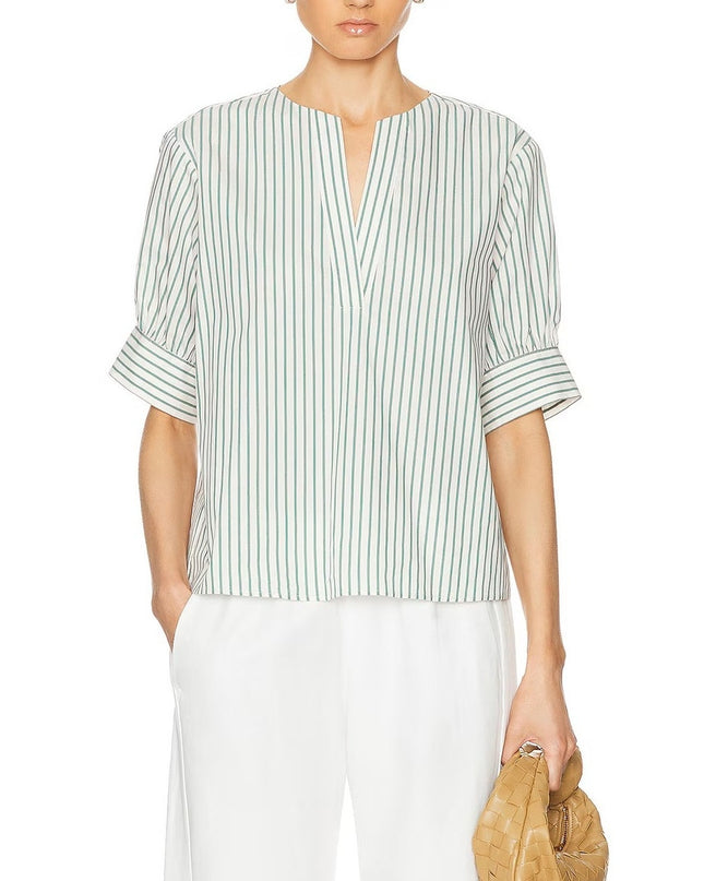 Frame V Neck Popover Blouse Green Gem Stripe Half Sleeve Women's M