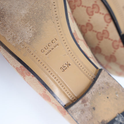 Gucci Jordaan Horsebit Loafers Beige GG Canvas Slip On Women's 35.5/US 5.5