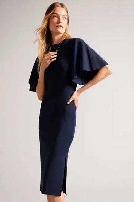 TED BAKER Lounia Bodycon Midi Dress Navy Blue Flare Sleeve Women's 2