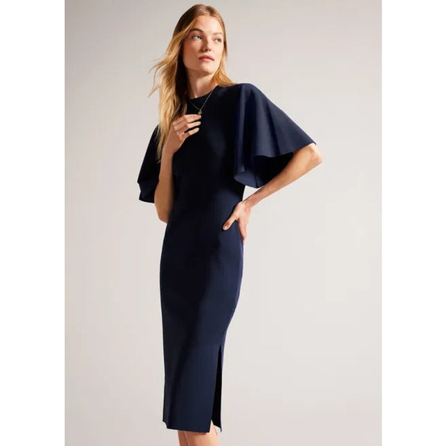 TED BAKER Lounia Bodycon Midi Dress Navy Blue Flare Sleeve Women's 2
