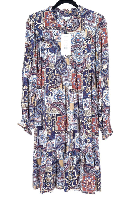 TYLER BOE Michelle Patchwork Mini Dress Brown Multi NWT Popover Ruffle Women's M
