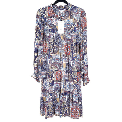 TYLER BOE Michelle Patchwork Mini Dress Brown Multi NWT Popover Ruffle Women's M