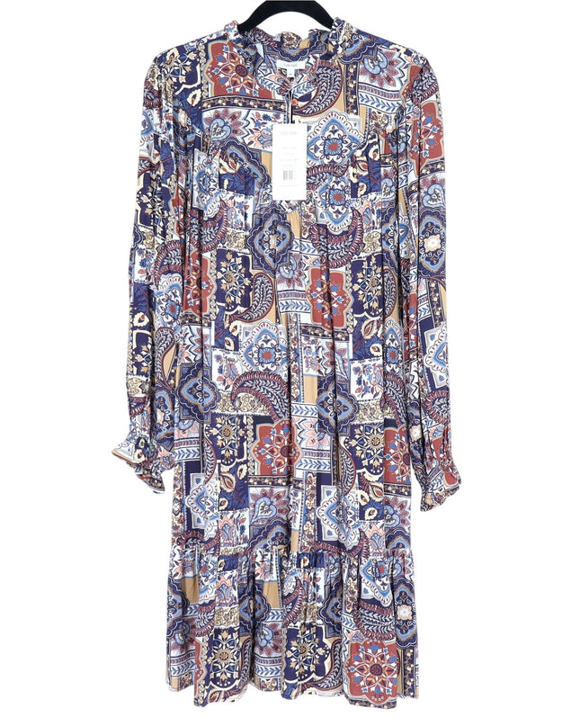 TYLER BOE Michelle Patchwork Mini Dress Brown Multi NWT Popover Ruffle Women's M