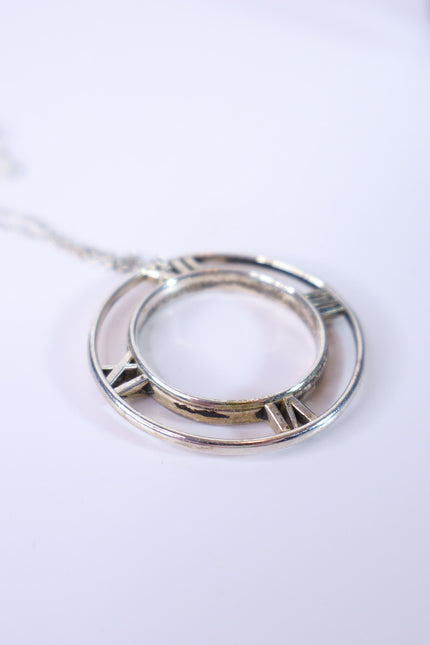 TIFFANY & CO Silver Atlas Pendant Chain Necklace Open Round Roman Clock Numerals