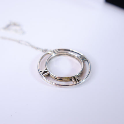 TIFFANY & CO Silver Atlas Pendant Chain Necklace Open Round Roman Clock Numerals