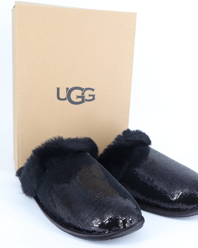 UGG Scuffette II Mirror Ball Slippers Black NIB Sequin Fur Slip On Women's 10