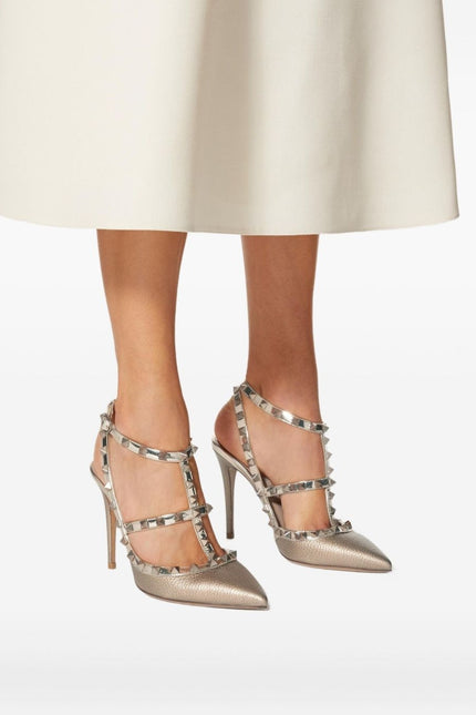 VALENTINO GARAVANI Rockstud Metallic Pumps Iron Ankle Strap Women's 41.5/US 11.5