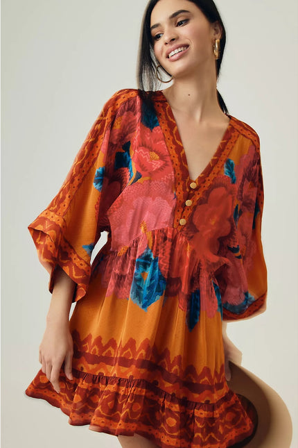 FARM RIO Long Sleeve V Neck Mini Dress Orange Floral Kimono Women's M
