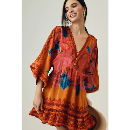 FARM RIO Long Sleeve V Neck Mini Dress Orange Floral Kimono Women's M