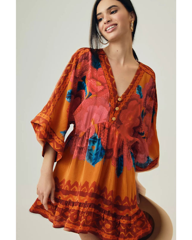 FARM RIO Long Sleeve V Neck Mini Dress Orange Floral Kimono Women's M