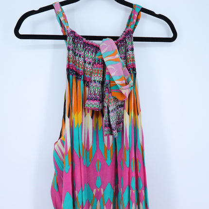 Camilla Printed Silk Maxi Dress Pink Turquoise High Neck Embellished Women's O/S