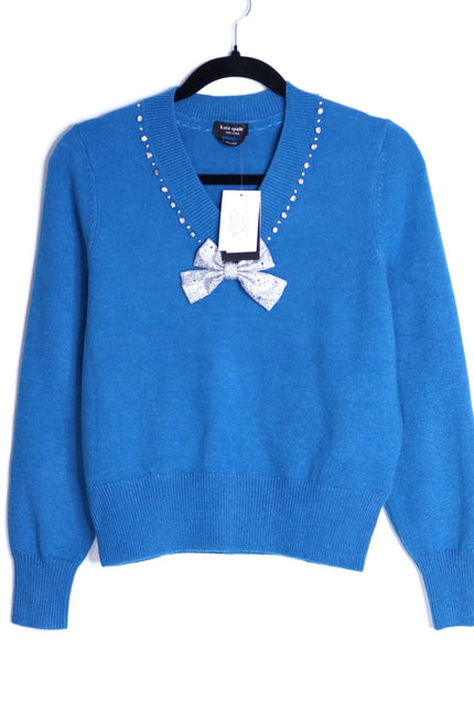 KATE SPADE NWT Bow Embellished V Neck Sweater Bright Cerulean Women's S