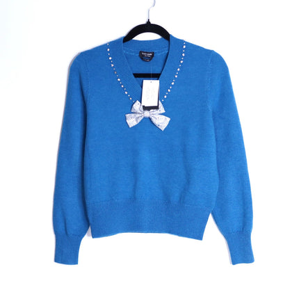KATE SPADE Bow Embellished V Neck Sweater NWT Bright Cerulean Women's S