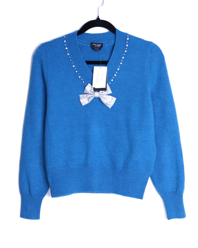 KATE SPADE Bow Embellished V Neck Sweater NWT Bright Cerulean Women's S