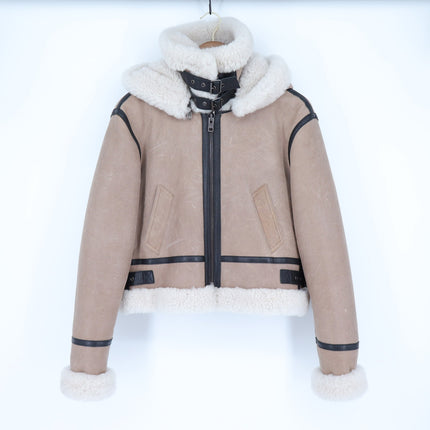 SAM Farryn Shearling Aviator Jacket Tan Black Leather Long Sleeve Coat Women's M