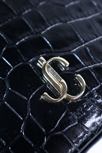 JIMMY CHOO Palace Croc-Embossed Crossbody Purse Black Leather and Chain Strap