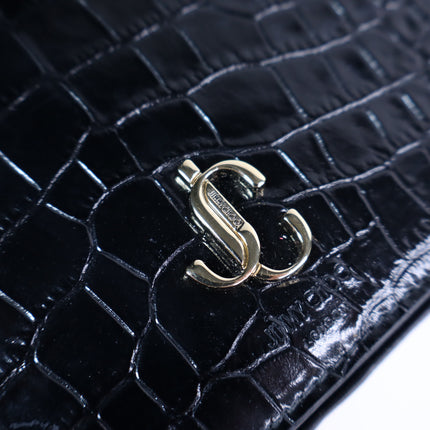 JIMMY CHOO Palace Croc-Embossed Crossbody Purse Black Leather and Chain Strap