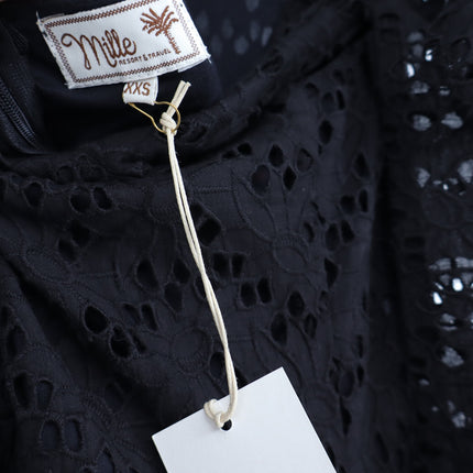Mille Floral Eyelet Maxi Dress Black NWT Cotton Tasseled Tie Strap Women's XXS