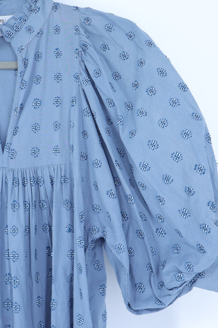 NEVER A WALLFLOWER High Neck Midi Dress Blue Cross Hatch Puff Sleeve Women's XS
