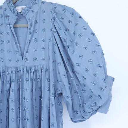 NEVER A WALLFLOWER High Neck Midi Dress Blue Cross Hatch Puff Sleeve Women's XS