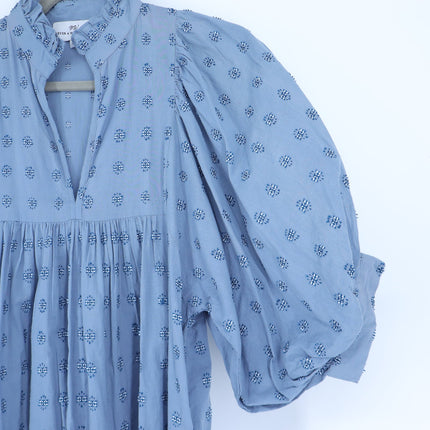 NEVER A WALLFLOWER High Neck Midi Dress Blue Cross Hatch Puff Sleeve Women's XS