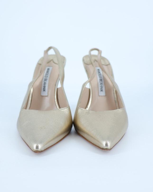 Manolo Blahnik Carolyne Slingback Pump Metallic Gold Leather Women's 37.5 US 7.5