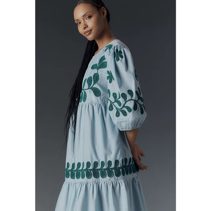by ANTHROPOLOGIE Embroidered Midi Dress Light Blue Puff Sleeve Women's XS