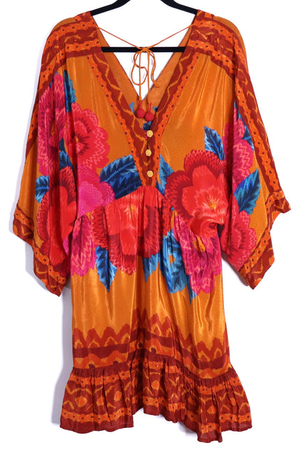 FARM RIO Long Sleeve V Neck Mini Dress Orange Floral Kimono Women's M