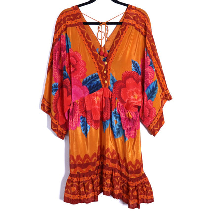 FARM RIO Long Sleeve V Neck Mini Dress Orange Floral Kimono Women's M