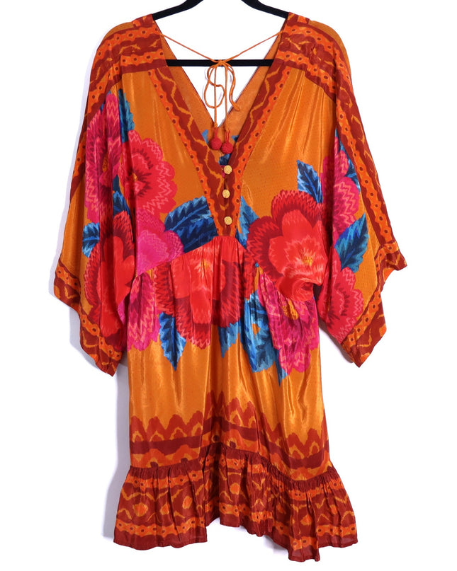 FARM RIO Long Sleeve V Neck Mini Dress Orange Floral Kimono Women's M
