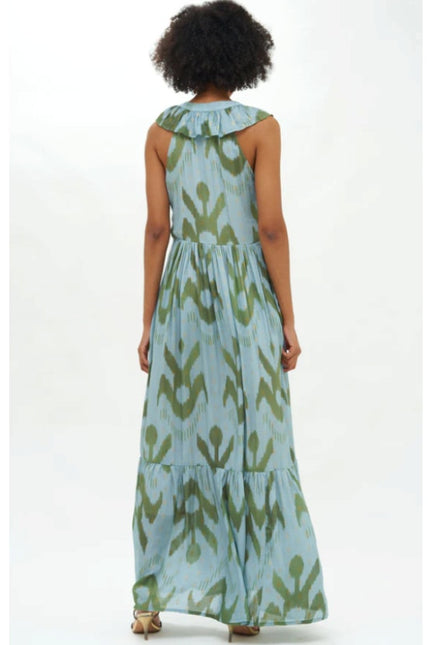 OLIPHANT Ruffle V-Neck Maxi Dress Chitka Blue Green Printed Sleeveless Women's L