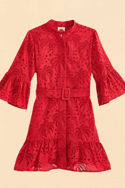 FARM RIO Red Palm Tree Eyelet Mini Dress Belted Long Sleeve Women's M