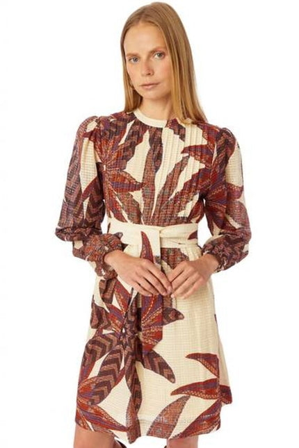 MARIE OLIVER Catie Mini Dress Anise Print Pleated Long Sleeve Women's S