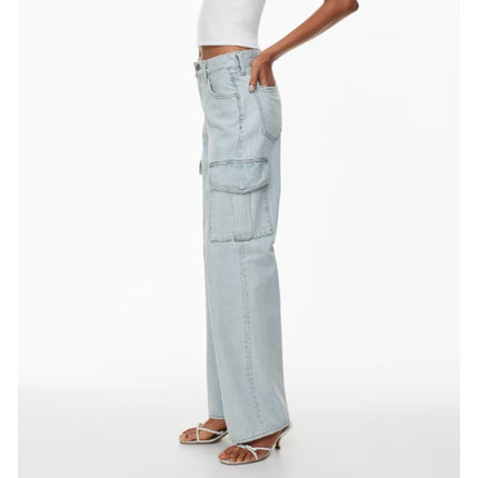 Denim Forum The Farrah Cargo Jeans Bleach Bleu NWT High Rise Women's 25