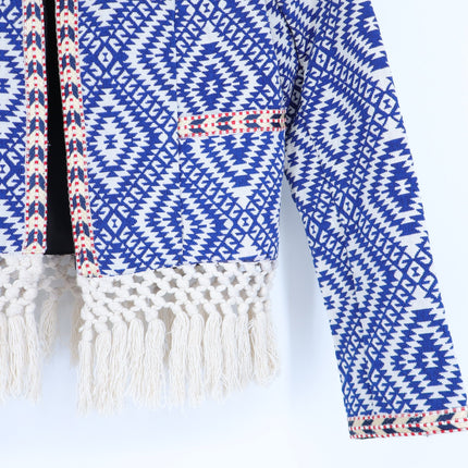 Tularosa Santa Fe Fringe Jacket Blue Ikat Print Open Long Sleeve Women's XS