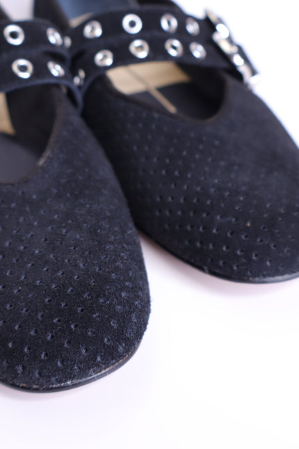 DOLCE VITA Baylee Grommet Mary Jane Flats Onyx Black Perforated Suede Women's 6
