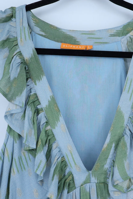 OLIPHANT Ruffle V-Neck Maxi Dress Chitka Blue Green Printed Sleeveless Women's L