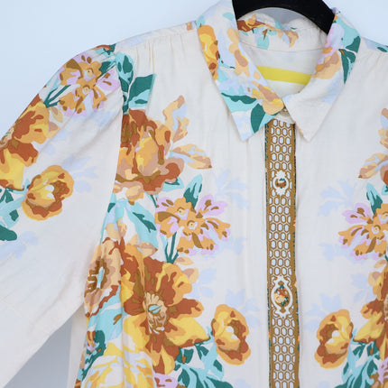 By Anthopologie Mini Shirt Dress Ivory Floral Panel Print Boho Women's XS
