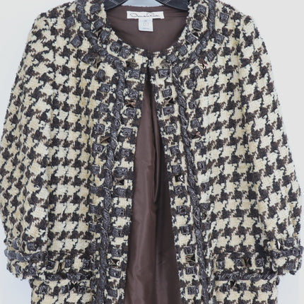 Oscar De La Renta VTG Houndstooth Longline Overcoat Brown and Cream Women's 6