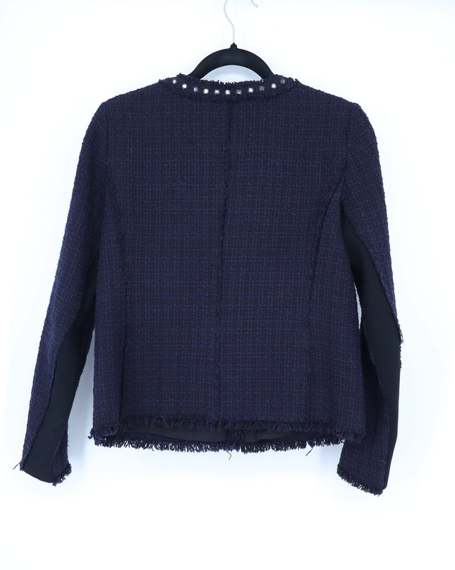 Rebecca Taylor Zip Up Tweed Jacket Navy Embellished Trim Blazer Women's 4
