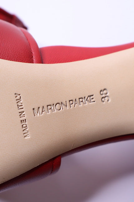 MARION PARKE Leather Ankle Tie Sandal Red Open Toe Blocked Heel Women's 38/US 8