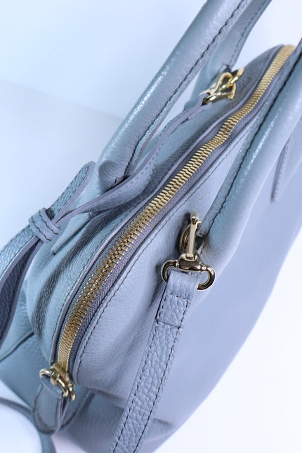 BURBERRY Greenwood Bowling Bag Grey Pebbled Leather with Plaid Lining Crossbody