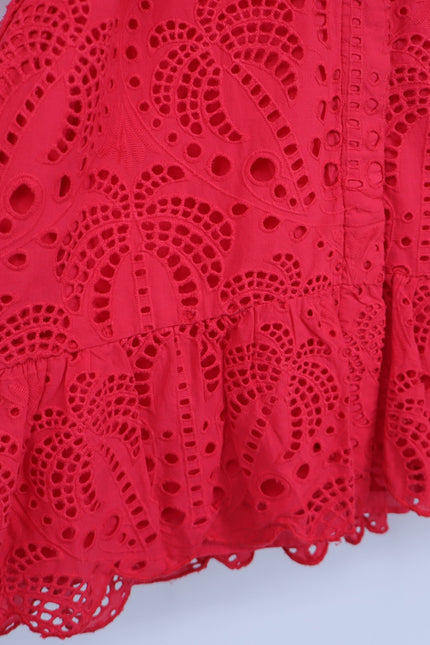 FARM RIO Red Palm Tree Eyelet Mini Dress Belted Long Sleeve Women's M