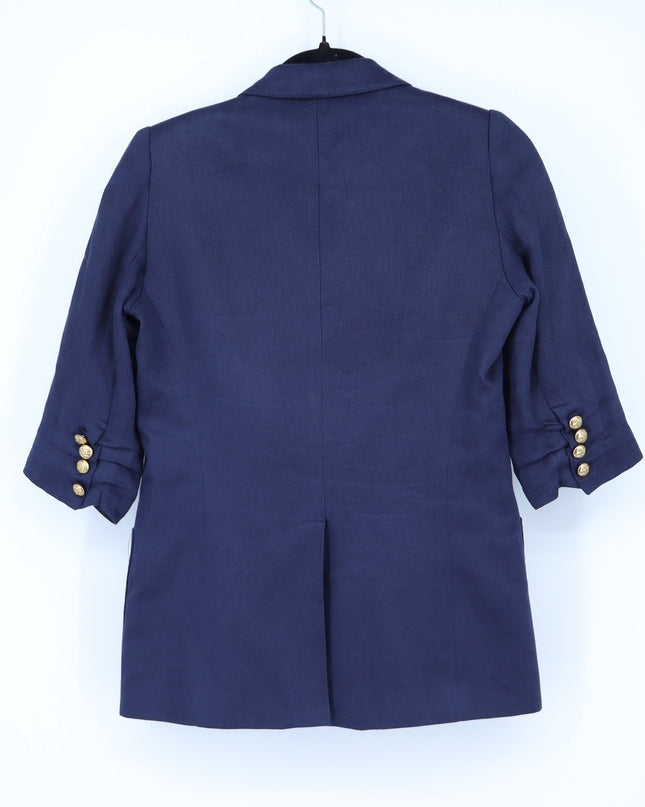 Smythe Linen Blazer Navy Blue 3/4 Sleeve Single Breasted Women's 4