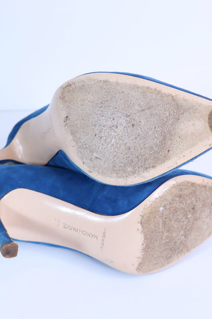 MARION PARKE Mitchell Blue Suede Caged Heel Multi Buckle Women's 36/US 6