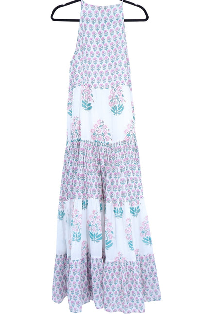 OLIPHANT Long Tiered Tassel Dress White Pastel Ditsy Floral Peasant Women's L