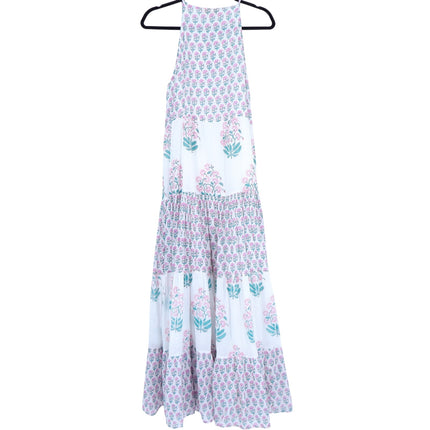 OLIPHANT Long Tiered Tassel Dress White Pastel Ditsy Floral Peasant Women's L